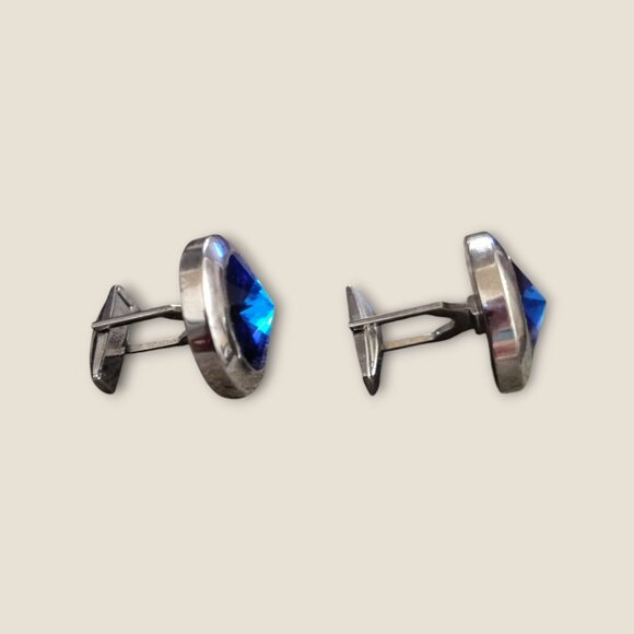 Vintage Silver Cufflinks With Blue Sapphire-Like Stones - Picture 2 of 5
